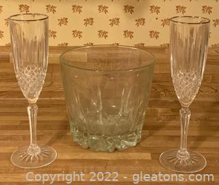 Princess House Crystal Ice Bucket and a Pair of Lead Crystal Platinum Rimmed Champagne Glasses