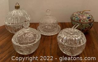 Five Covered Dishes Including Cut Glass and A Cloisonne Trinket Box                     