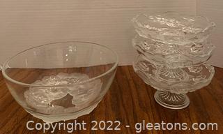 Rose Adorned Glassware Including Three Compote Dishes and a Serving Bowl 