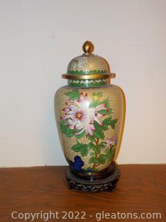 Cloisonne/Gilded Floral Ginger Jar on Base (Enamel) 