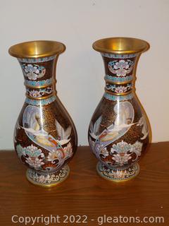 Pair of Chinoiserie Vintage Vases, Brass, Enamel Cloisonne 
