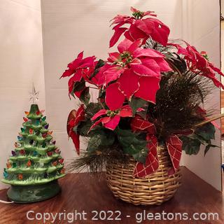 Christmas Decor- Ceramic Christmas Tree, Poinsettia Arrangement 