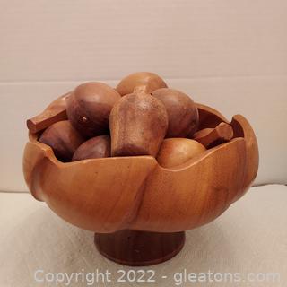 Vintage Monkeypod Wood Pedestal Bowl with Fruit 