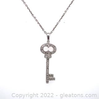$1,300 Appraised Diamond and Sterling Key Pendant and 20" Necklace