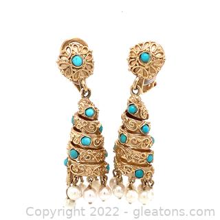$4,000 Appraised 14K Cabochon Turquoise and Pearl Chandelier Earrings