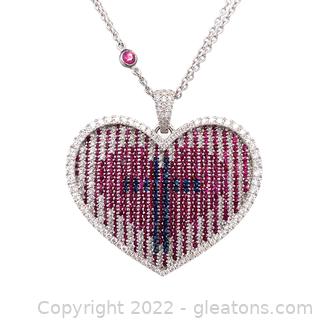 Appraised $16,200 18k Diamond, Ruby and Sapphire Heart  1.5" Pendant 18" Necklace