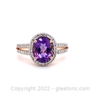 Appraised 1.4 CT Amethyst and Diamond Rose Gold 14k Ring Size 7
