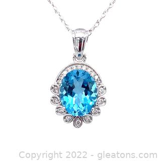 $1,260 Appraised 3 Carat Blue Topaz and .11 TCW Diamond 14K Halo Pendant Necklace