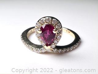 Gorgeous 14k Synthetic Ruby and Diamond Ring - Size 7