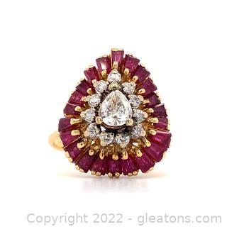 $3,500 Appraised Antique Diamond and Ruby 18K Cocktail Ring Size 6.5