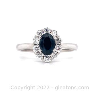 $2,800 Appraised 14K Sapphire and Diamond Halo Engagement Ring Size 9 1/2