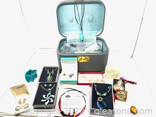 Vintage Train Case Full of Fun Costume Jewelry, Ornaments, Handmade items, & more!