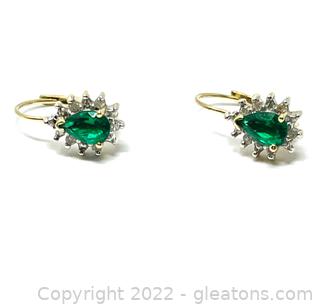 Pretty 14kt Imitation Emerald & Diamond Drop Earrings 