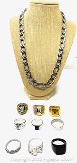 Men’s Assorted Mixed Metal Rings & Stainless Cuban Link Necklace 