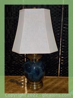 Lovely Blue Ceramic Table Lamp with Gold Tone Base & Cap 
