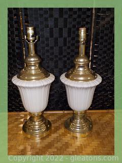 Pair of Cream Colored Table Lamps with Goldtone Base & Cap 