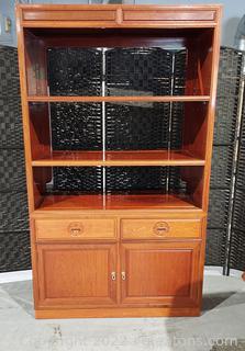 Beautiful Rosewood 3 Shelf Storage Cabinet with Asian Flair , 2 Drawers over Bottom Cabinet 