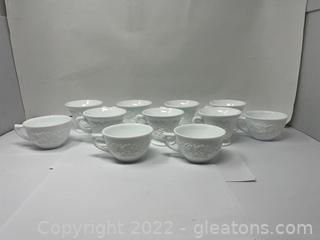 Milk Glass Footed Tea 7 Vintage Coffee/Tea Cups & 4 Tea/Coffee Cups with Embossed Flowers 