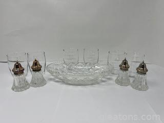 4 Vintage Etched Clear Glass Salt & Pepper Shakers, Cut Glass Serving Bowl & 6 Small Clear Glasses 