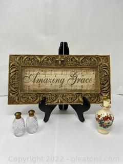 Vintage Mini Glass Swirl Salt & Pepper Shaders & Vintage Perfume Bottle, Amazing Grace Wall Art 