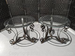 Pair of Spirled Bronze Finish Metal Round Tables with Glass Top 