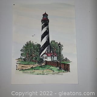 Original Pen and Watercolor Anastasia Light House St. Augustine FL-Signed John Gonzalez 