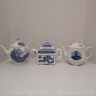 3 Beautiful Blue and White Teapots 
