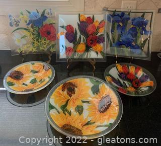 Six Peggy Karr Fused Glass Plates and Bowls 