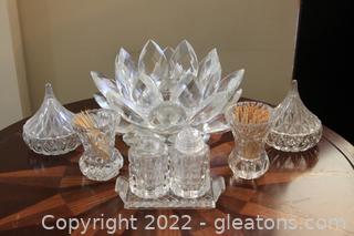Vintage Hershey Kiss Cut Crystal Candy Dishes, Toothpick Holders, Salt & Pepper Shakers & Lotus candle Holder