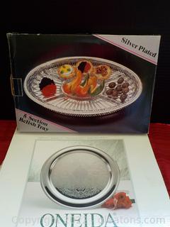 Oneida Silverplated Round Tray and a Silverplated Relish Tray with a Crystal Insert 