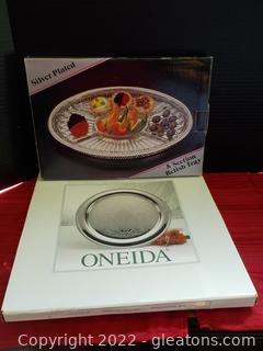Oneida Silverplated Round Tray and a Silverplated Relish Tray, with Crystal Insert 