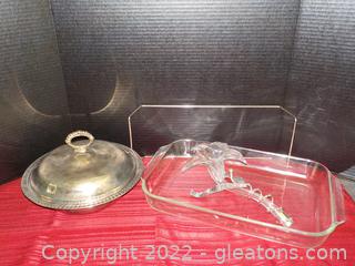 Silverplated Lidded Bowl and Floral Decor with Pyrex Casserole Dish 
