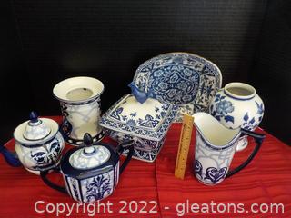Blue and White Asian Serving (7) Pieces – Porcelain and Ceramic 