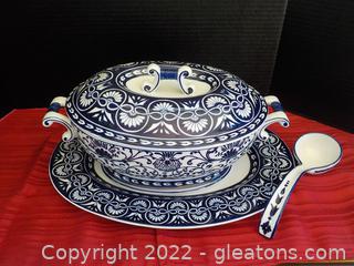Beautiful Blue and White Tureen, Underplate and Ceramic Ladle 