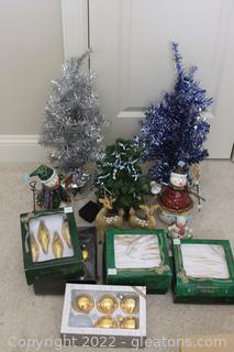 3 Mini Tabletop Christmas Trees, Ornaments & Vintage Reindeer Figurines 