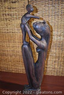 Hand Crafted from Wood-Proud Mother and Child Sculpture (Damaged) 