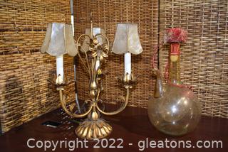 Hollywood Regency Gilt Metal Table Lamp with Capiz Shell Shades and Vintage Sangria Decanter