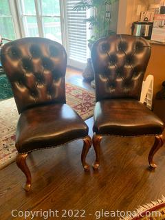 Pair of Tufted Leather Queen Anne Style Dining Side Chairs 