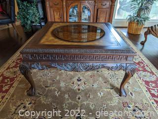 Grecian Beveled Glass & Leather Top Coffee Table 