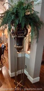 Tall Neo Classical Metal Plant Stand with Large Urn Planter with Faux Ferns