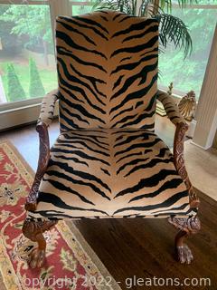 Beautifully Carved Arm Chair with Velvet Animal Print