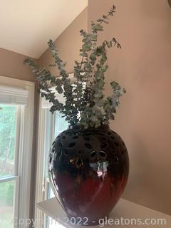 Reactive Glaze Openwork Vase with Faux Eucalyptus