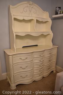 French Provincial Painted Wooden 10 Drawer Dresser with Hutch Top That Lights-Up Under Bottom Shelf 