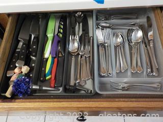 Drawer Full of Everyday Flatware and Cooking Knives 