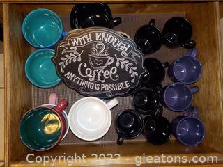 Ceramic Bowls/Mugs for Coffee and Soup or Chili, and a sign