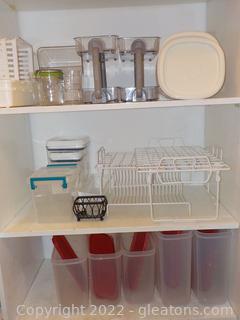 3 Shelves of Varied Kitchen Storage Containers and Risers (In Pantry) 