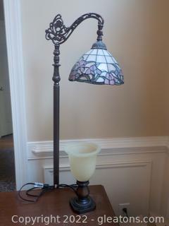 Vintage-Look Wrought Iron Floor Lamp with Stained Glass Shade, with a Pretty Table Lamp and a single stained glass lamp shade.