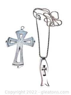 Heavy Cross Pendant & Ichthys Necklace in Sterling Silver