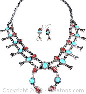 Gorgeous Squash Blossom Turquoise and Coral Necklace & Earring Set in Sterling Silver