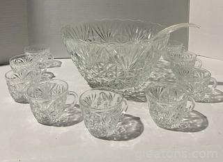 Anchor Hocking Punch Bowl with Nine Cups and Ladle 